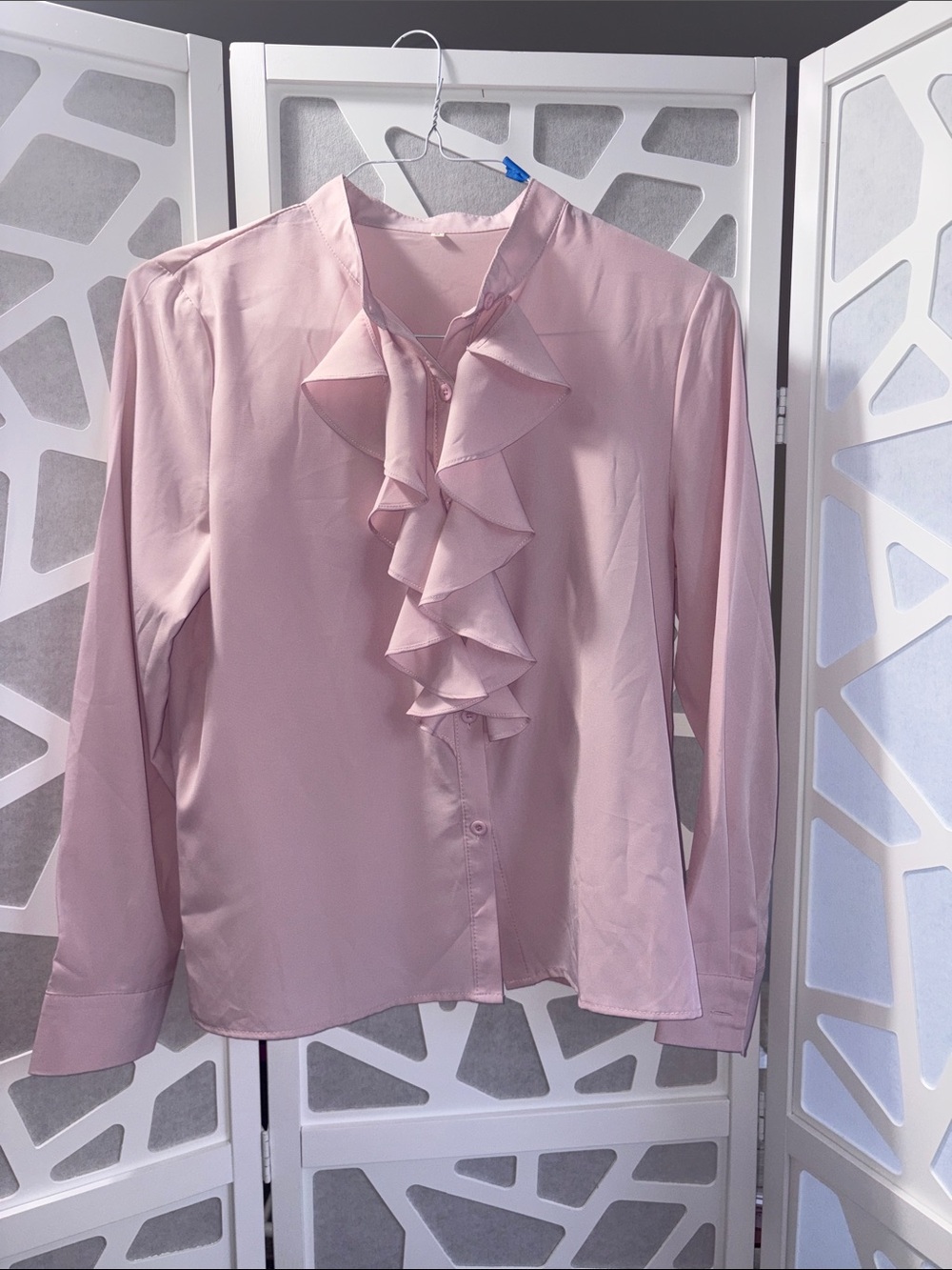 Light Pink Ruffle Front Button-Down Blouse